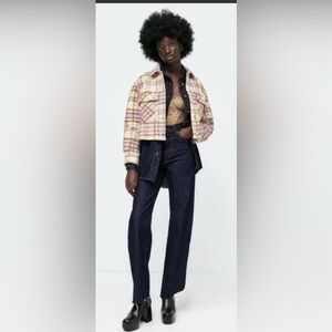 ZARA Cropped Plaid Jacket Shacket Purple Cream Size M NWT